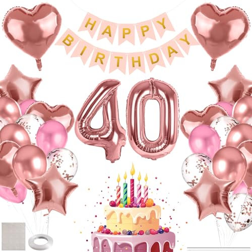 MIEWAA 40 Jahre Geburtstag Deko Luftballons Set Geburtstagsdeko mit 40th HAPPY BIRTHDAY Banner Latexballons Konfetti Ballons Folienballons Partydeko für Frau Roségold Rosa