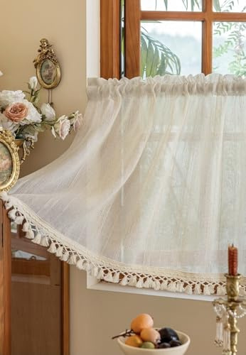 Devola Scheibengardine mit Häkelspitze Kurzgardine Leinenoptik HxB60x100cm | Naturfarbe 1 Stück, Nostalgische Gardinen Kurz, Küchengardine Halbtransparente, Fenstergardinen mit Tunnelzug
