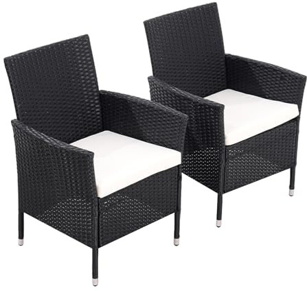Warmiehomy Rattan Garden Chairs Outdoor Dining Chair Set of 2 Wicker Armchairs with Padded Seat Cushions High Backrest Patio Chair, Black