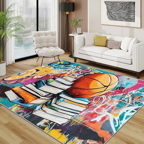 TerroVee Graffiti Waschbarer Teppich, Bunt Basketball Buch Teppich 100x200 cm, Jugendliche Jungen Pop Art Kurzflor rutschfest Teppiche Für Schlafzimmer Wohnzimmer, Weiß Orange