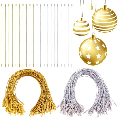XIMISHOP 200PCS Christmas Ornament Hangers String, Gold Silver Christmas Ornament Ropes Snap Lock String for Xmas Hanging Ornament Holiday Party Hanging Decorations