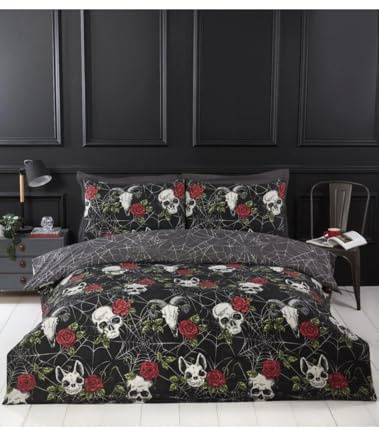 Rapport Home Skulls & Roses Gothic King Size Duvet Cover Set Halloween Quilt Bedding, Reversible, Microfibre, Non-iron