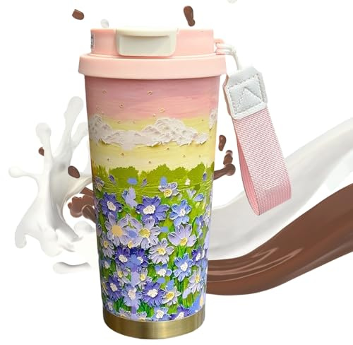 Thermal Coffee Mug | 500ml Insulated Travel Mug | Flower Pattern Double Drink Modes Cup with Lanyard and Lid Water Bottle for Hot or Cold Beverages Home Workplace Camping School Party