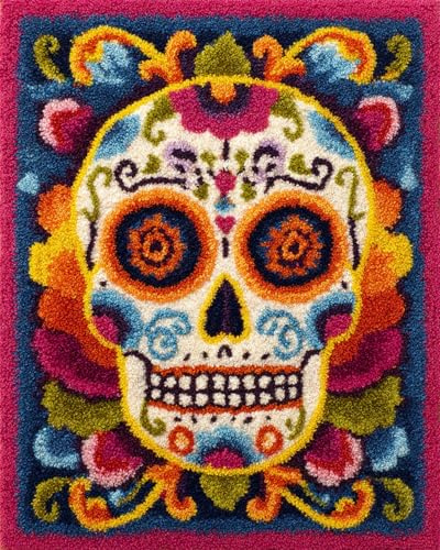 AxiangziK Diy Knüpfstern Set Cartoon-Totenkopf Und Blumen Knüpfset Für Teppiche，Diy-Bastelset，Wandteppich，Kissen，Vorgedruckte Muster 55x75cm