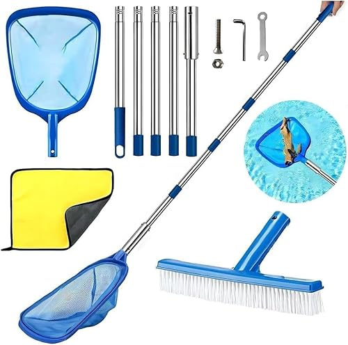 Retino per piscina con asta telescopica, lunghezza 225 cm, retino per laghetto, a maglia fine, con spazzola per piscina, retino da pavimento, per piscina, spa, stagno, vasca idromassaggio, piscina per