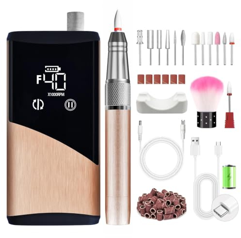 Professional Nail Drill Machine E-File, Brushless Motor, Brushed Rose Gold | 40000RPM, Brushless Motor, 24H Cordless Battery, HD Touch Screen, Aluminum Body, 13-in-1 Kit for Acrylic Gel