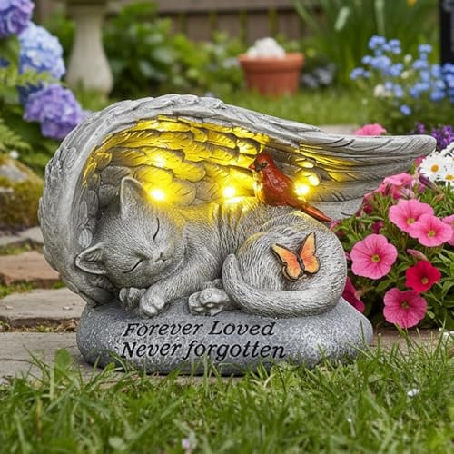 Cat Memorial Stones with Solar Angel Wing Cardinal Butterfly 8 Inch, Sleeping Cat Grave Markers Outdoor Waterproof Pet Loss Sympathy Gift for Garden or Tombstone Statue