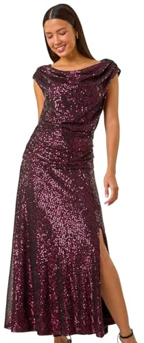 Roman Originals Sequin Cowl Neck Maxi Stretch Dress for Women UK - Ladies Everyday Autumn Winter Cowl Neckline Comfy Soft Evening Vacation Work Party Night Out - Magenta - Size 18