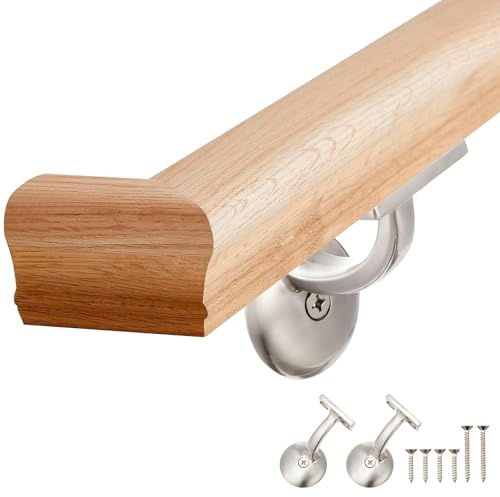 Maasechs 6010 Kit corrimano in rovere rosso da 0,9 m con ritorni a parete e staffe per montaggio a parete, scale in legno per interni, corrimano incluse viti per bar, corridoi di casa, loft (nichel