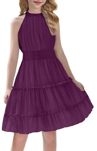Arshiner Abiti per Ragazza Estivo Senza Maniche Abito Festivo Scollo Vestito Leggero Bambini Chiffon Spalle Scoperte Vestiti Casual Midi a Trapezio Elegante Abito da Sera per Ragazza 6-13 Anni