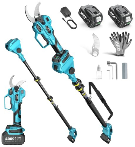 SEESII 2-in-1-Akku-Astschere mit Teleskopstiel: Elektrische Astschere mit 40mm Schnittdurchmesser –bürstenloser Motor, 2*4.0Ah-Akkus, zusätzliche SK5-Klinge, 4 einstellbare Modi für Bäume und Blumen.