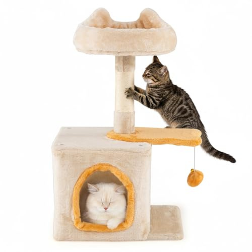 COSTWAY Cat Tree, Multi-Layer Cats Tower with Plush Perch, Condo, Fish-shaped Platform, Sisal Scratching Posts & Hanging Pompom, Modern Kitten Activity Center for Indoor Cats