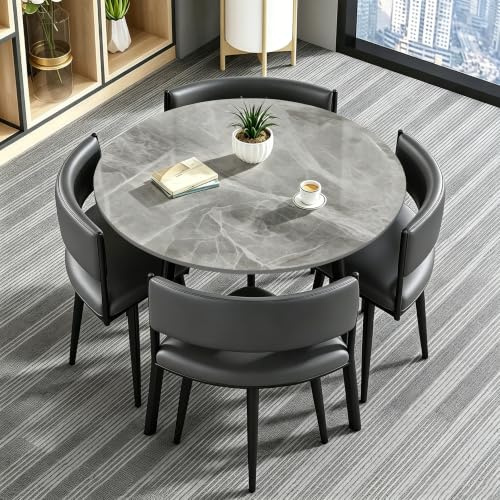 AMZSEW Esstisch und S1tühle Set 4, Tischplatte aus Kunstmarmor mit 4 gepolsterten Samtstühlen, Küchentisch-Set für Wohnung, für Esszimmer zu Hause und Café (Gray-1)