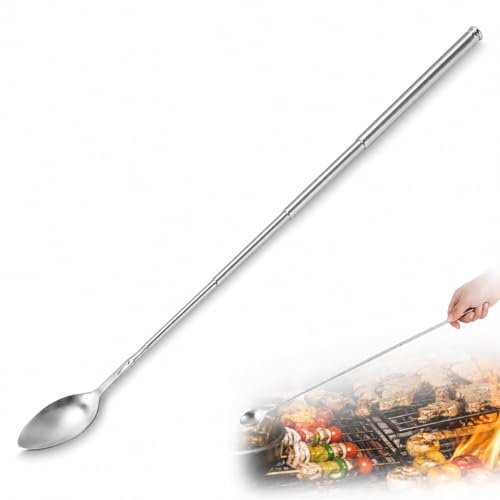 Livawnd 62cm/24.4in Telescopic Stainless Steel Stirring Spoon, Retractable Long Handle Bar Spoon for BBQ, Large Batch Cooking, Coffee & Drinks
