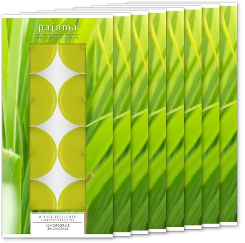 pajoma® Teelichte 8er Pack, Lemongras | 64 Duft-Teelichte in Aluminiumhülle, Brenndauer ca. 4 Stunden - Höhe 1,5 cm ø 3,5 cm | Premium Qualität | Deko, Gastronomie, Outdoor, Windgläser, Hochzeit