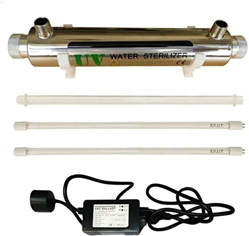 Realgoal 16W UV systeme de desinfection de l'eau en acier inoxydable 304 sterilisateur UV, 2GPM ultra violet filtre a eau legere, LED & Sound ballast alarmant, ajouter extra 1 piece lampe UV