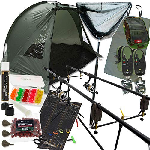Complete Carp Fishing Set up with Shelter Bivvy Rods Reels Alarms Net & Tackle (2-Rod Setup)