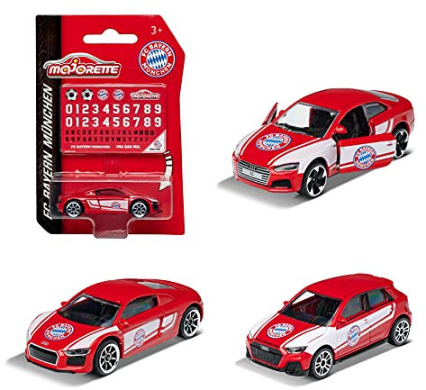Majorette 212053059 Other License FC Bayern München – Spielzeugauto aus Metall, mit Stickerbogen, Audi, Fanartikel, für Kinder ab 3 Jahren, zufällige Auswahl, rot