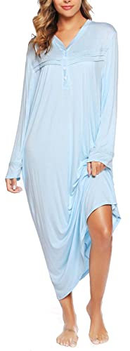 Vlazom Women's Nightgowns V Neck Sleep Shirt Long Sleeve Soft Nightdress Sleepwear Loungewear,Light Blue,L