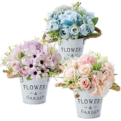 HOTLIKE Piante Artificiali Finti in Vaso, 3 Pezzi Fiore Artificiale, Pianta Finta Fiori Secchi con Vasi da Interno e Esterno Decorazioni Casa Scrivania Cucina Natale Casa Matrimonio (Stile 4)