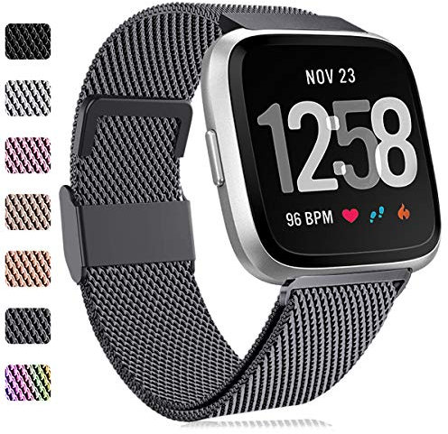Faliogo Ersatzarmband Kompatibel mit Fitbit Versa Armband/Fitbit Versa 2 Armband, Edelstahl Metall Ersatz Armbänder Kompatibel mit Fitbit Versa 2/Versa/Versa Lite, Groß, Grau