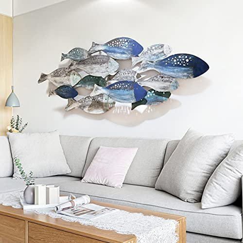 Wandskulptur Metall Fische, 3D Metall Wanddeko, Metall Wanddekoration Zum Aufhängen, für Studie Wohnzimmer Schlafzimmer Kinderzimmer Thema, 126X53cm