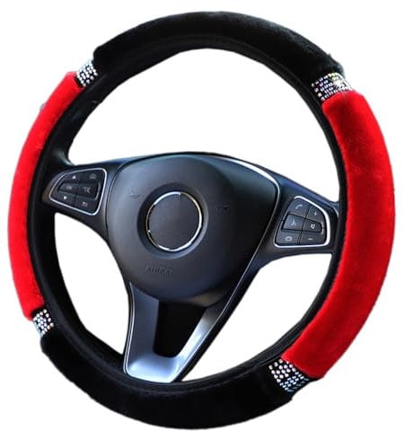 Universal Auto Lenkradbezug Glitzer Bling Plüsch Lenkradhülle,Warm Winter-Schutz Rutschfest Teleskop Lenkrad Abdeckung Rhinestones Auto-Dekorzubehör Lenkradabdeckung Lenkradschoner für Damen,Rot