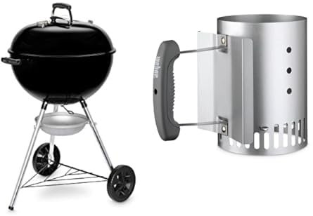 Weber Barbecue à Charbon Original Kettle 57cm - Barbecue E-5710 à Couvercle, Thermomètre, Trépied, Roues - Noir & Cheminée d'Allumage Rapidfire pour Barbecue, 15cm