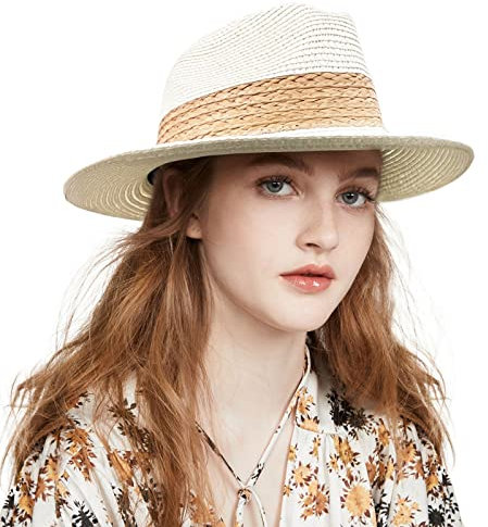 accsa Chapeau en Paille Panama Femme Respirable Été Fedora Chapeau de Soleilà Large Bord Trilby Chapeaux de Plage avec Bande de Raphia UPF 50+