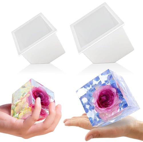 Voaesdk Lot de 2 grands moules carrés en résine de silicone de 10 cm et 8,5 cm pour la conservation des fleurs, cubes irréguliers en résine époxy pour bricolage, fabrication de bougies, savons,