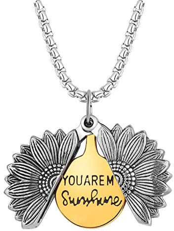 Flongo Halskette You Are My Sunshine Sonnenblumen-Anhänger öffnen und schließen Damen Halskette Anhänger mit Gravur Sonnenblumen-Halskette Blumenkette für Damen und Mädchen