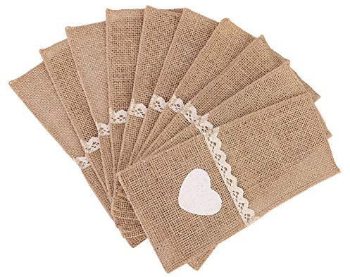 Lace Utensil Cutlery Holders Pouch, Natural Burlap Holder Linen Silverware Knife Bag Jute Fork Pocket Knives Forks Bags Vintage Table for Party Wedding Tableware 10 Packs