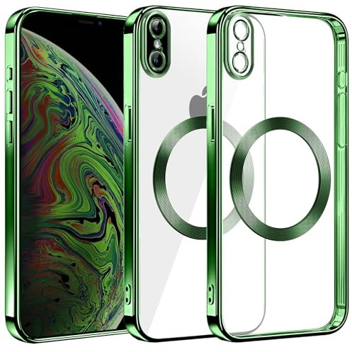 S. Dawezo Klare Magnetische Hülle für iPhone XS Max, kompatibel mit MagSafe Kabelloses Laden, Militärnorm Schutz, Kratzfest, Stoßfest, Schlanke Transparente Silikonhülle für iPhone XS Max Hülle, Grün