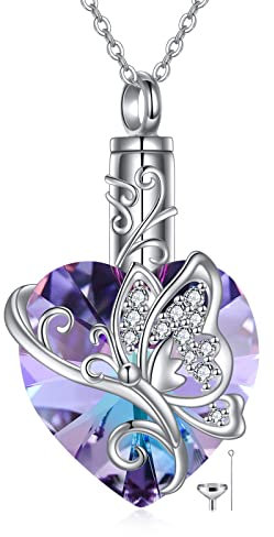 YAFEINI Schmetterling Asche Anhänger zum Befüllen Silber 925 Herz Kristall Urnenketten für Asche Schmuck Erinnerungsgeschenk für Verlust
