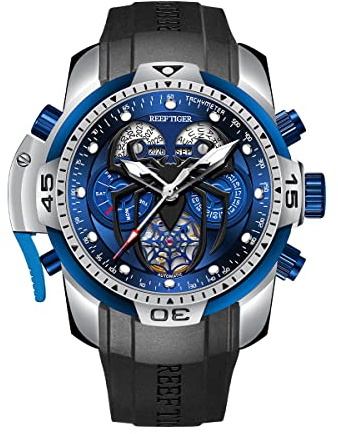 REEF TIGER Fashion Style Sport Automatik Uhr Spinne Zifferblatt mit Kompliziertem Jahr Monat Ewiger Kalender Mechanische Gummi Uhren RGA3532SP