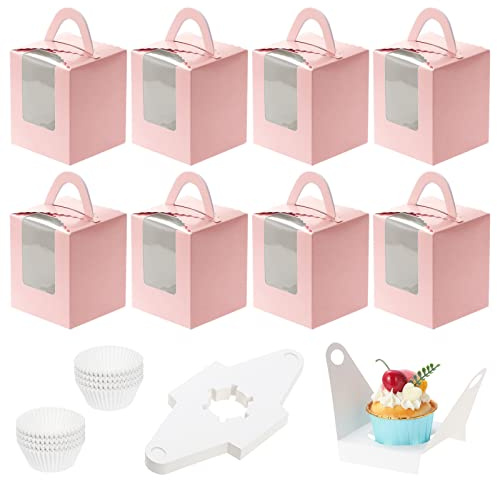 Coolty 50 Stück Cupcake Boxen 1 Löcher Karton Verpackung Boxen Bäckerei Gebäck Boxen mit 100 Stück Cupcake Förmchen für Cookies Muffins Cupcakes Desserts Torten (Rosa)