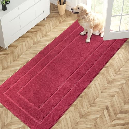 PURRUGS Dirt Trapper Door Mat 32 x 70, Non-Slip/Skid Machine Washable Entryway Rug, Dog Doormat, Super Absorbent Welcome Mat for Muddy Wet Shoes and Paws, Burgundy Red