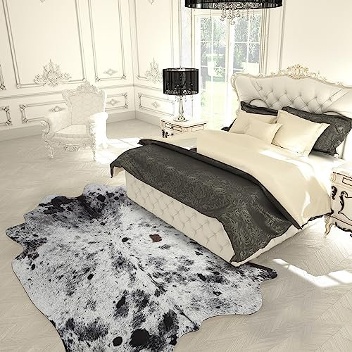 NEOCOZY Exquisiter Rindsleder-Teppich, 1,2 x 1,6 m, Für Wohnzimmer, Schlafzimmer, Kuhdruck Für Wand, Rutschfest, Grau Weiß