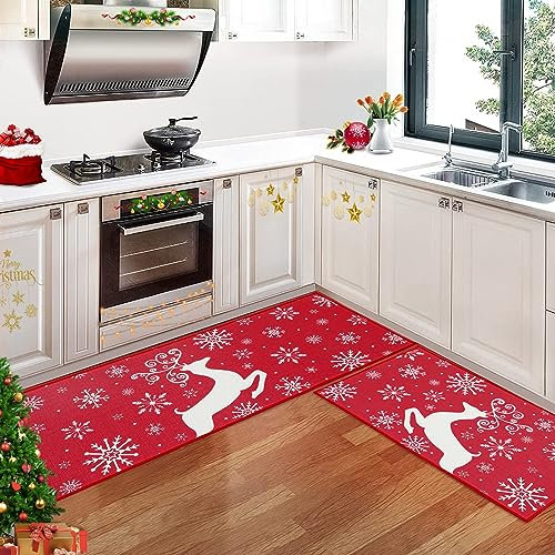 CAROMIO Schneeflocken Elch Weihnachts Küchenteppich, 2er Set rutschfeste Waschbare Küchen Fußmatten für Winter Heimküche Weihnachtsdekoration Rot 40 x 60 cm + 40 x 120 cm