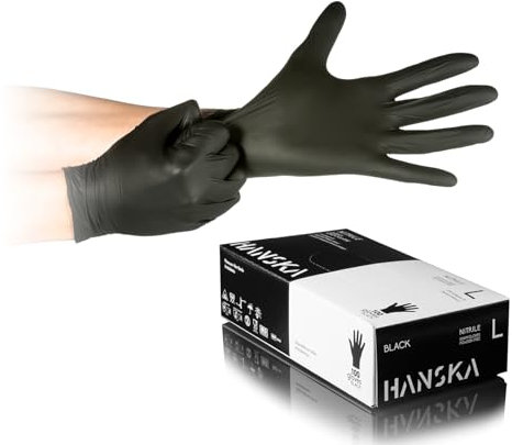 HANSKA Gants jetables Nitrile Noir - Sans poussière - Jetables - Ambidextres - Non stériles - Base en caoutchouc - Convient pour les milieux médicaux, la manipulation des aliments (1, L)