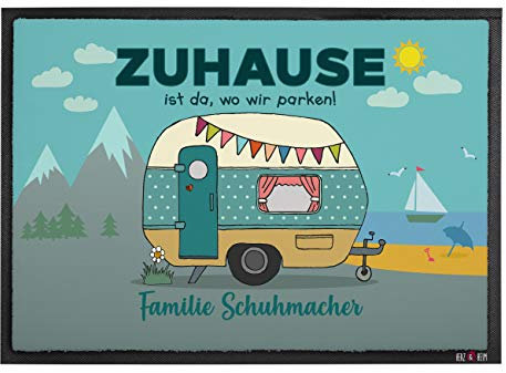 Herz & Heim® Personalisierte Fußmatte für Camper mit Campingwagen Motiv 60 cm x 40 cm (B/H)