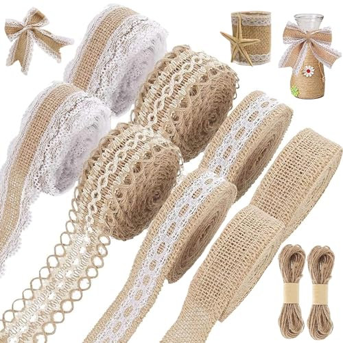 8 Rollen Juteband Vintage Spitzenband, Juteband mit Spitze, Natürliche Jute Bänder und Spitze, Leinwand Band für DIY Handwerk Hochzeit Deko Weihnachten Party Basteln Geschenkband mit Hanfseil