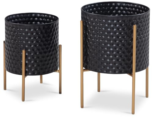 FineBuy Cache-pot Lot de 2 Métal Noir Doré avec Pieds