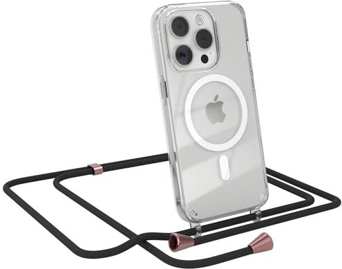 EAZY CASE - Handykette kompatibel mit iPhone 15 Pro Kette zum Umhängen Stoßfest Handyhülle für iPhone 15 Pro Silikon Hülle mit Band Handytasche Transparent als Fallschutz in Schwarz - Clips Rosé