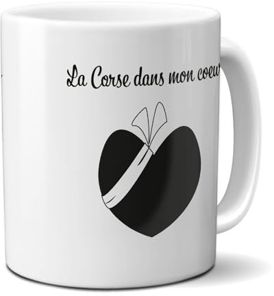 DECOHO - Mug Corse dans mon cœur - Tasse cadeau symbole Corse - 33 cL, Céramique - Imprimé en France - Blanc