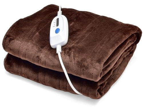 HOMASIS Heizdecke, elektrisch Wärmeunterbett mit Abschaltautomatik, 4 Wärmestufen, 8-Stunden-Timer, PTC/NTC Überhitzungsschutz, Fernbedienung, maschinenwaschbar Wärmedecke Flanell (Braun, 130x180cm)
