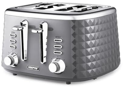 GEEPAS 4 Slice Toaster | 7 Browning Levels with Cancel Defrost Reheat | For Thin Small Bread Slice | 2 Independent Controls 2 Removable Crumb Trays High Lift | 2 Yr Warranty 1750W Grey Argyle