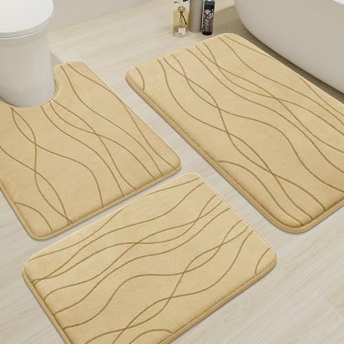 YIHOUSE Badezimmerteppich-Set, Memory-Schaum, Beige, 3-teilig, ultra-saugfähig, Badematte für Badezimmer, rutschfest, maschinenwaschbar und schnell trocknend, 3-teiliges Badezimmermatten-Set, Beige