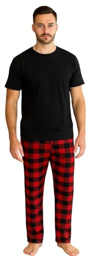 Gaffer Mens Pajamas Set Check Short Sleeve T-Shirt Red Black Pjamaset-21 S