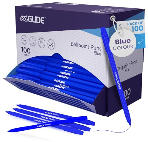 Eziglide Ballpoint Blue Pens, Medium Point Nib (1.0mm), 100-Pack | Ultra-Smooth, Skip-Free Writing & Quick-Dry Ink – Multipack Blue Biro, Ideal for Office, Work, School, Home & Stationery Use